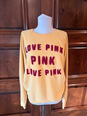PINK Victoria's Secret Yellow Crew Pullover with Red Chenille Lettering